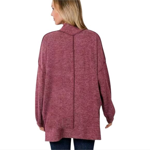 Zenana Burgundy Heathered Mock Neck Long Dolman Sleeve Oversized Tunic Top 3X - Picture 2 of 7
